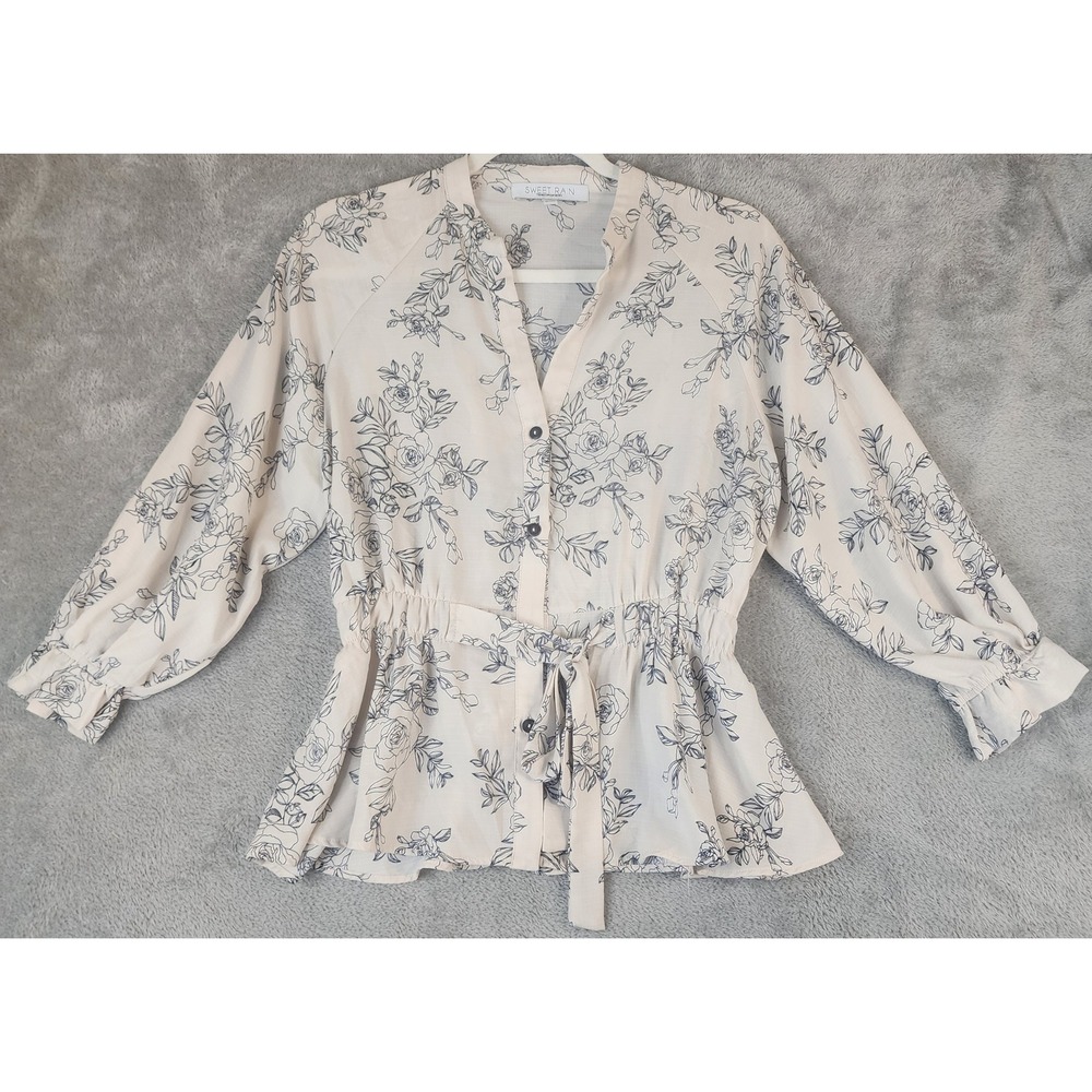 Sweet Rain Blouse Womens Small Cream Black Floral Rose Tie Waist Ruffle Sleeve